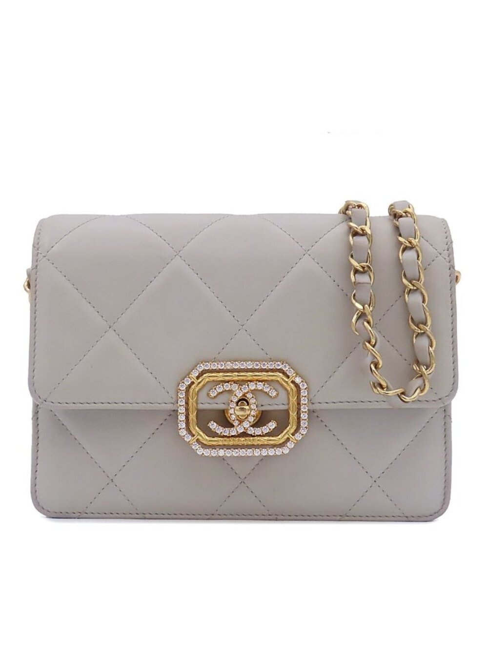 Chanel Chain Shoulder Bag Light Gray Gold Lambskin Quilted CC Mark